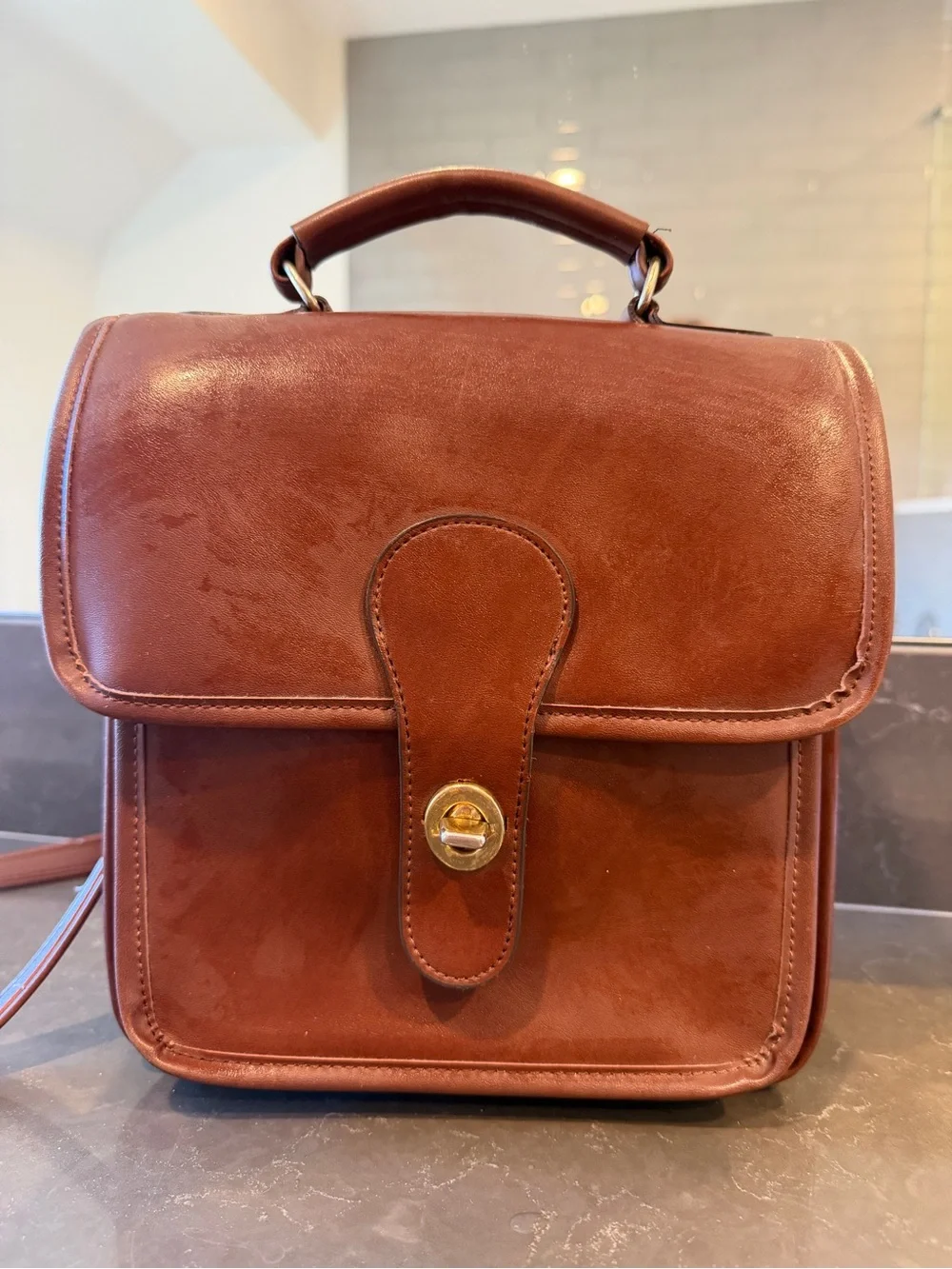 Vintage Coach Station Brown Leather Messenger Bag with Gold-Tone Turn Lock